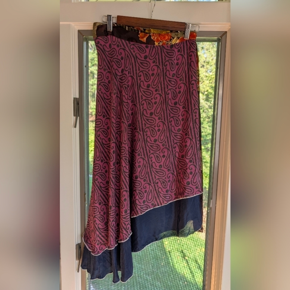 Asymetric Ankle Length Reversible Sari Silk Wrap Skirt Size 4-12 Multicolor - Picture 5 of 7